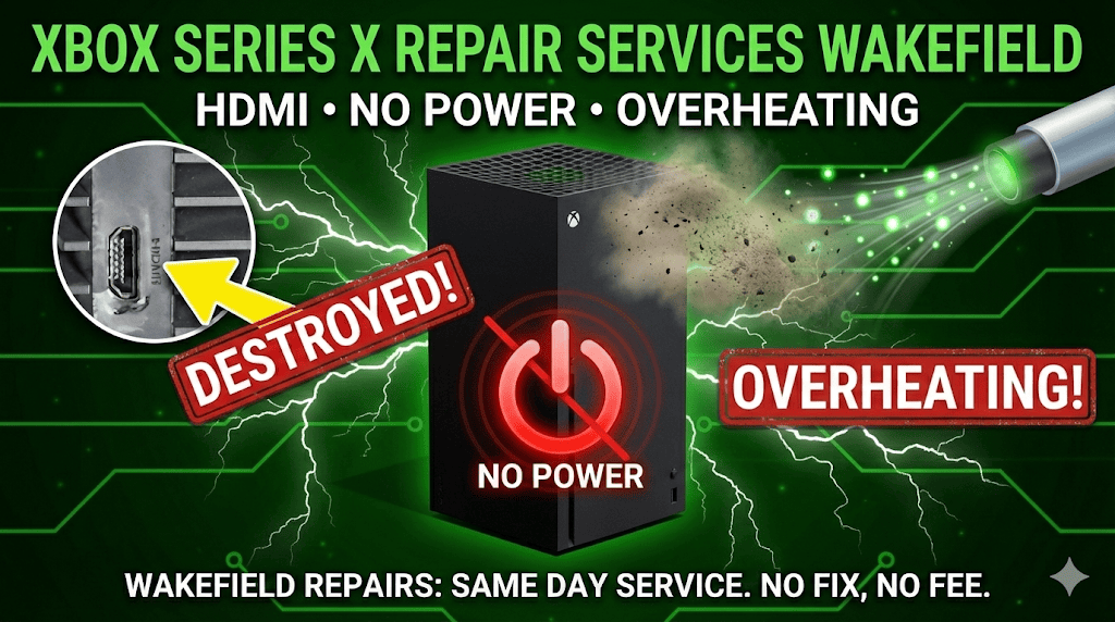 Xbox Series X Repair Services Wakefield promotional graphic showing a broken HDMI port, 'No Power' red warning symbol, and dust cleaning service.